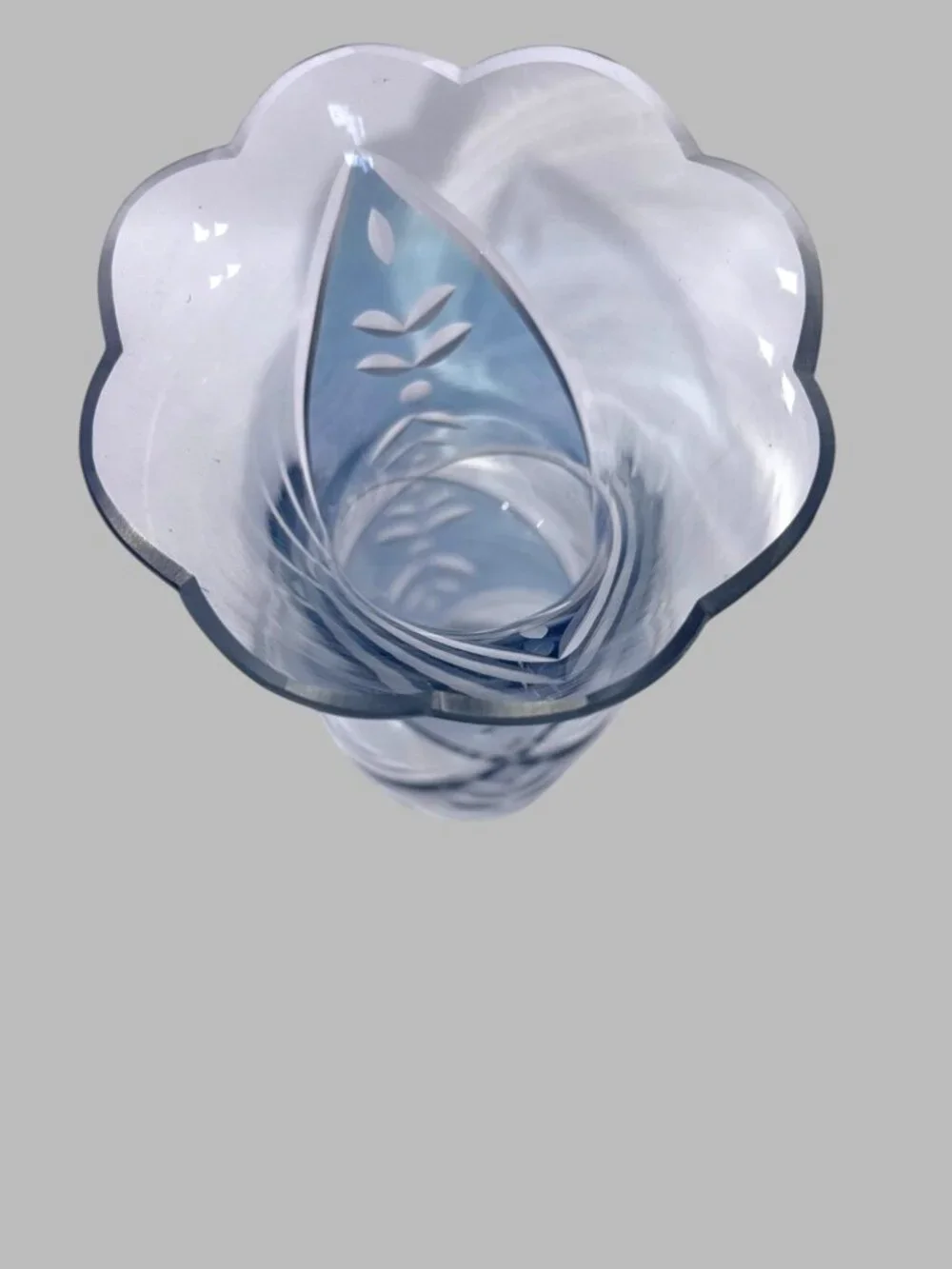 Vintage Bohemian Czech Blue Cut to Clear Art Glass Vase Scalloped 9